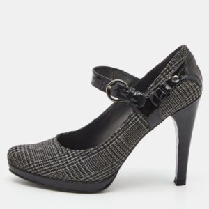 Stuart Weitzman Black/Grey Patent Leather and Plaid Wool Marianne Pumps Size 38