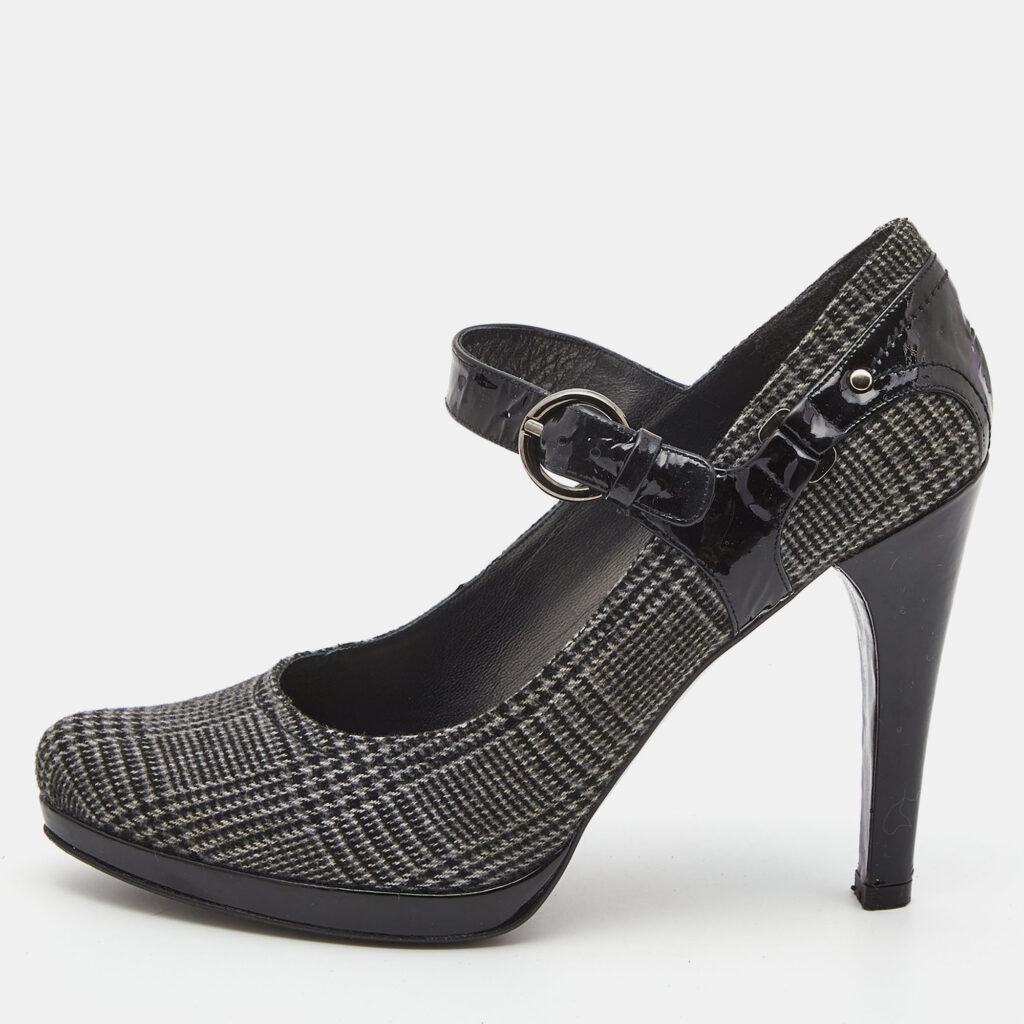 luxury-women-stuart-weitzman-used-shoes-p927843-009 Stuart Weitzman Black/Grey Patent Leather and Plaid Wool Marianne Pumps Size 38