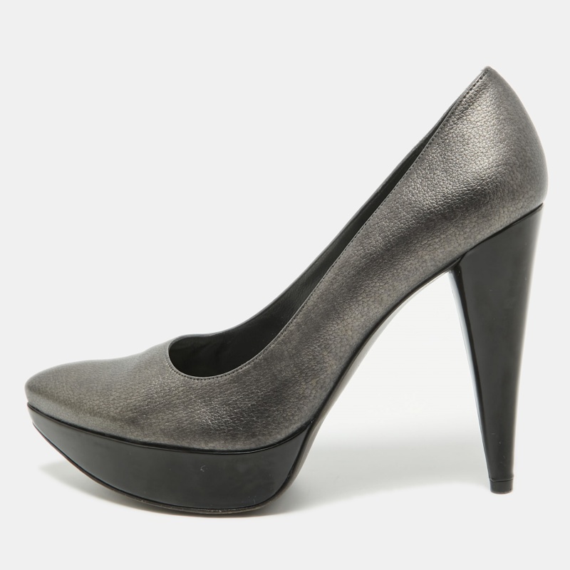 luxury-women-stuart-weitzman-used-shoes-p927845-1706193020-002 Stuart Weitzman Metallic Grey Leather Platform Pumps Size 38