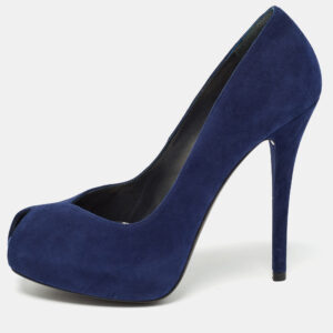 Stuart Weitzman Blue Suede Peep Toe Pumps Size 38.5