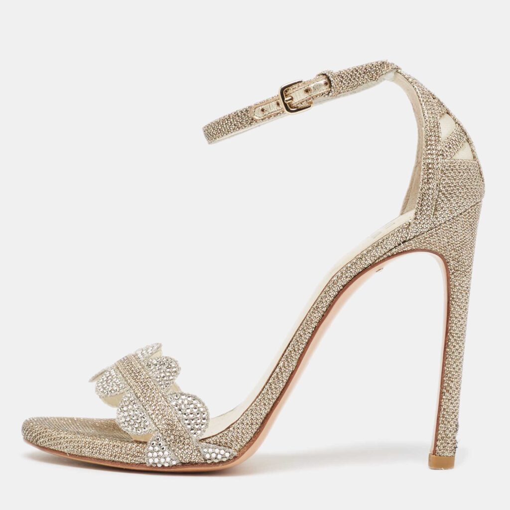 Stuart Weitzman Metallic Gold Glitter Ankle Strap Sandals Size 37.5