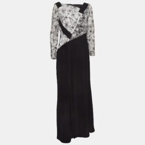 Tadashi Shoji Black/White Floral Embroidered Tulle and Crepe Maxi Dress L