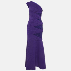 Tadashi Shoji Purple Pintuck Jersey Sequin Detail One Shoulder Gown XS
