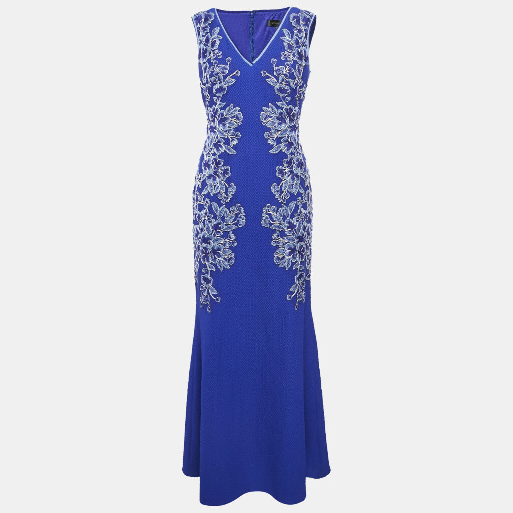 Tadashi Shoji Blue Floral Embroidery Textured Crepe Sleeveless Gown S