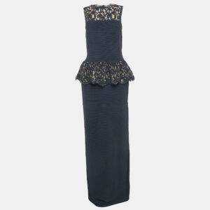 Tadashi Shoji Navy Blue Jersey Sleeveless Lace Trimmed Gown S