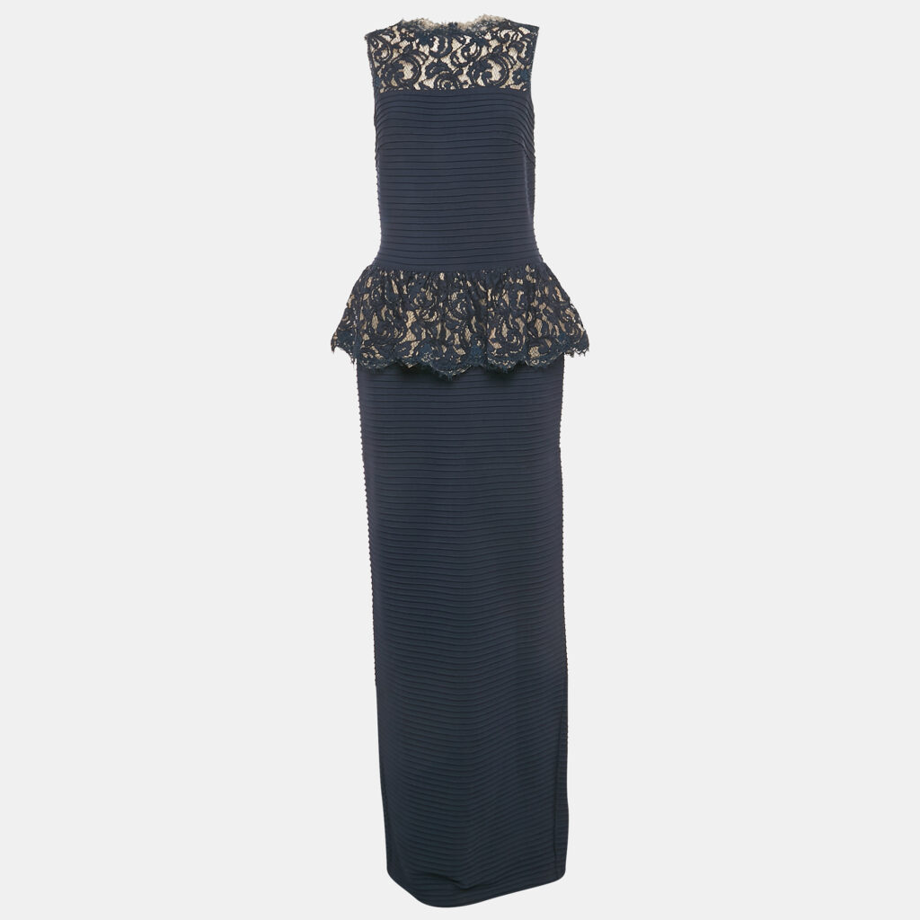 luxury-women-tadashi-shoji-used-clothes-p1102728-002 Tadashi Shoji Navy Blue Jersey Sleeveless Lace Trimmed Gown S