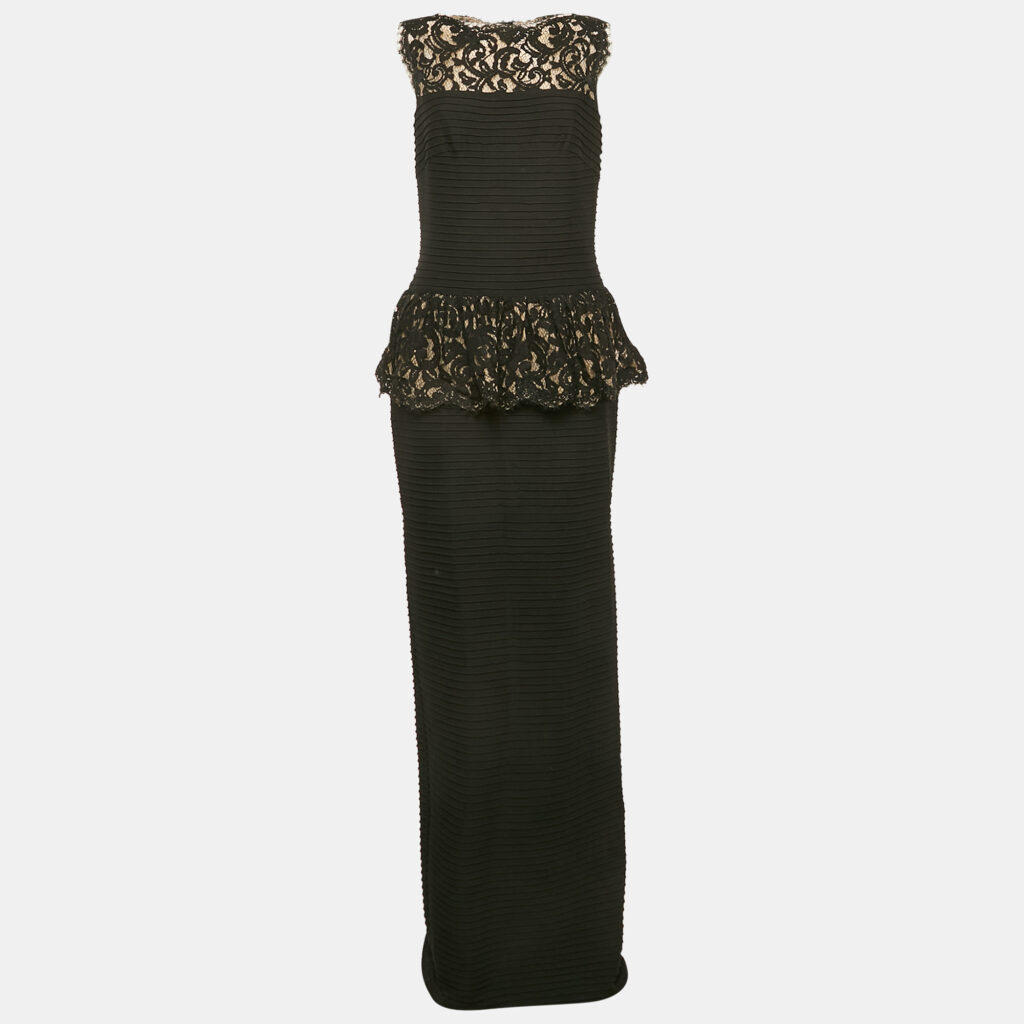 luxury-women-tadashi-shoji-used-clothes-p1152444-002 Tadashi Shoji Black Lace and Pleated Jersey Peplum Sleeveless Gown M
