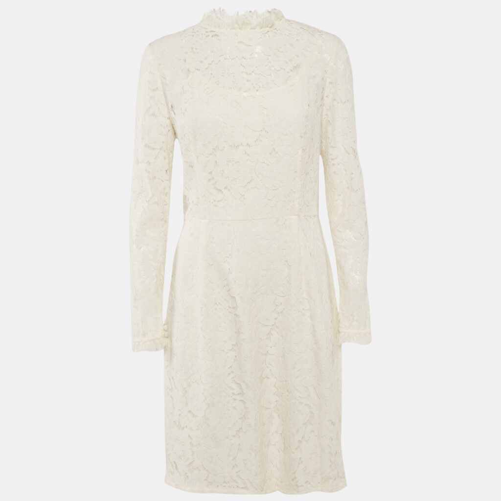 Temperly London Off-White/Ivory Floral Lace Ruffled Short Dress L