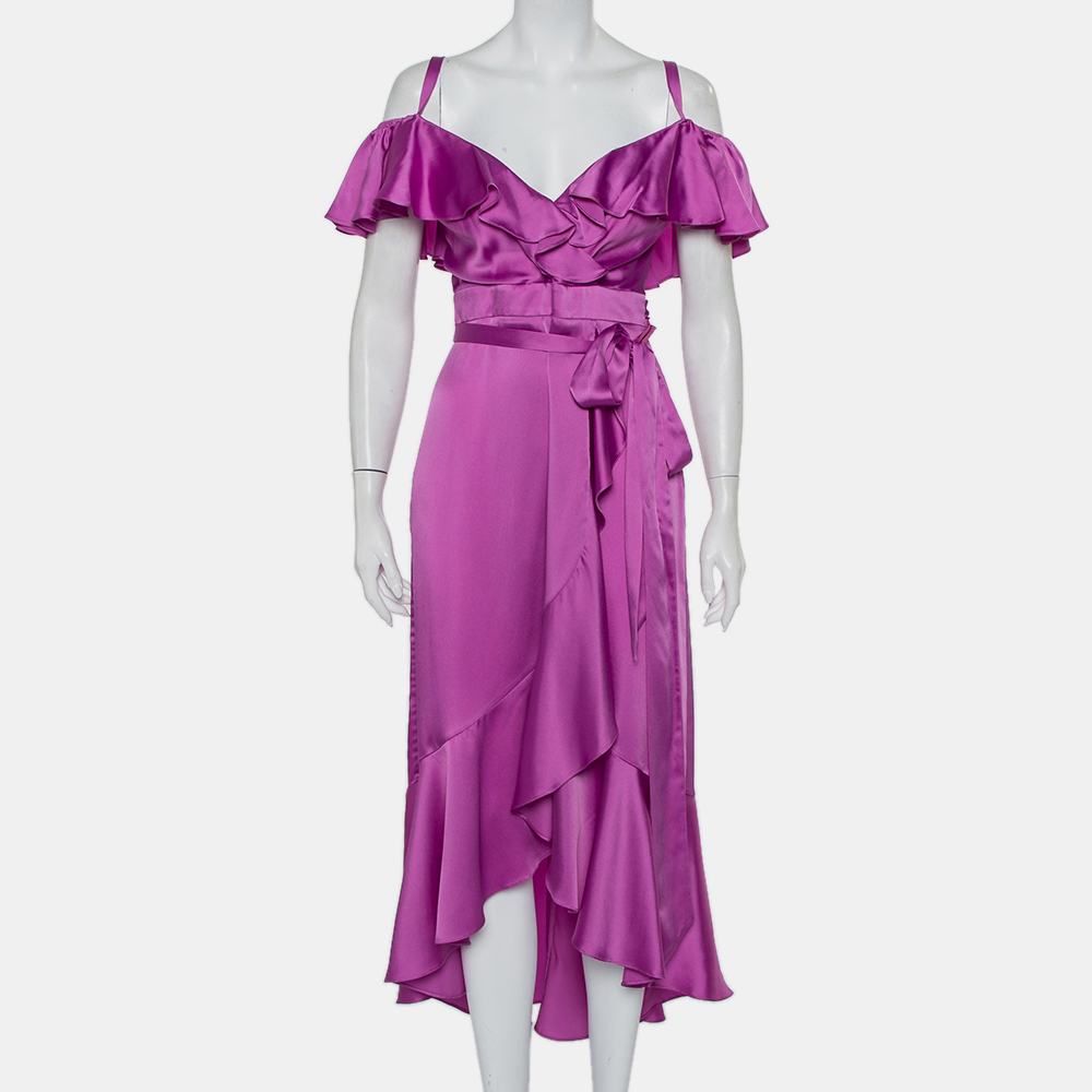 luxury-women-temperly-london-used-clothes-p426551-007 Temperley Purple Satin Ruffled Cold Shoulder Belted Faux Wrap Midi Dress M