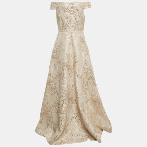 Teri Jon Light Beige Lurex Jacquard Off-Shoulder Gown M