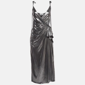 The Attico Metallic Silver Lam&eacute; Fan Detail Long Dress XS