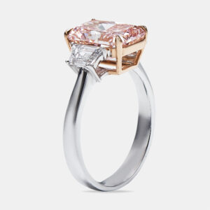 3.70 cts pink radiant cut and baguette 18k two tone gold ring size 52