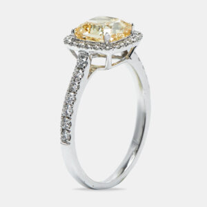 2.00 cts yellow cushion cur and round lab grown diamond 18k white gold ring size 51