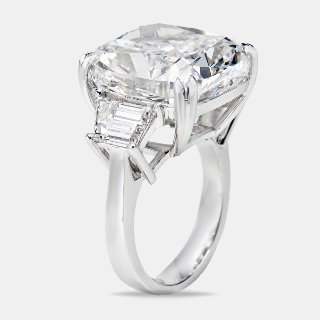 22.00 cts Cushion Cut and Trapezoid Lab Grown Diamond 18k White Gold Ring Size 52