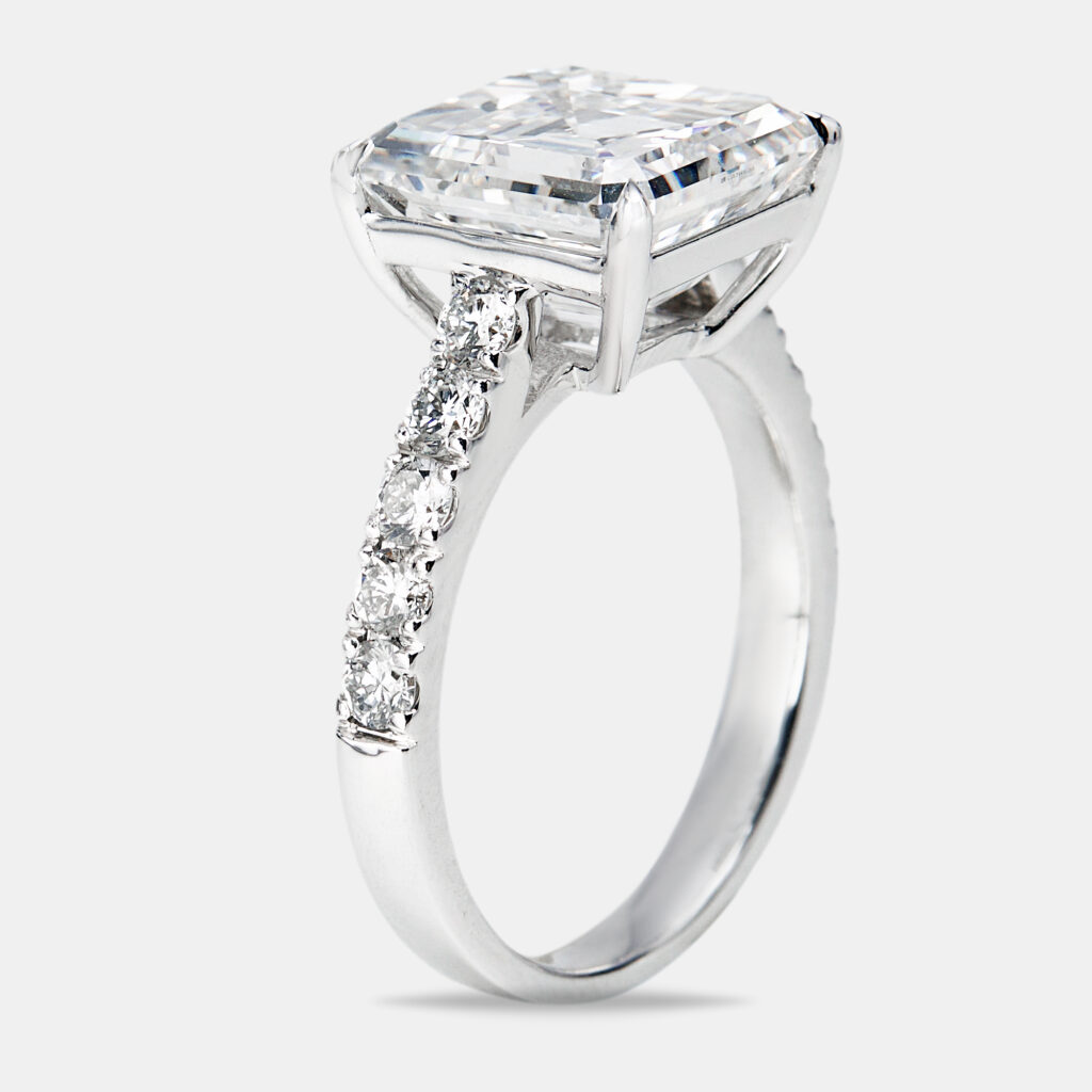 5.50 cts Asscher and Round Lab Grown Diamond 18k White Gold Ring Size 51