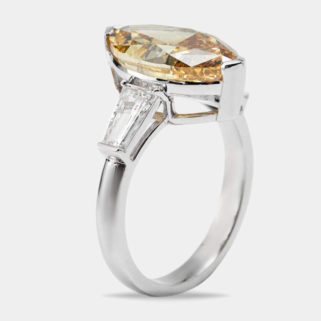 6.25 cts Yellow Marquise and Trapezoid Lab Grown Diamond 18k White Gold Ring Size 53