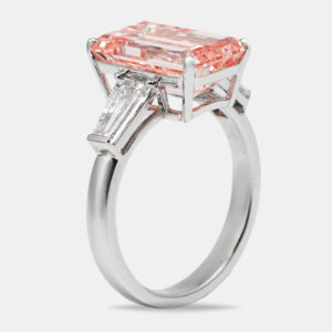 5.80 cts pink emerald and trapezoid lab grown diamond 18k white gold ring size 53