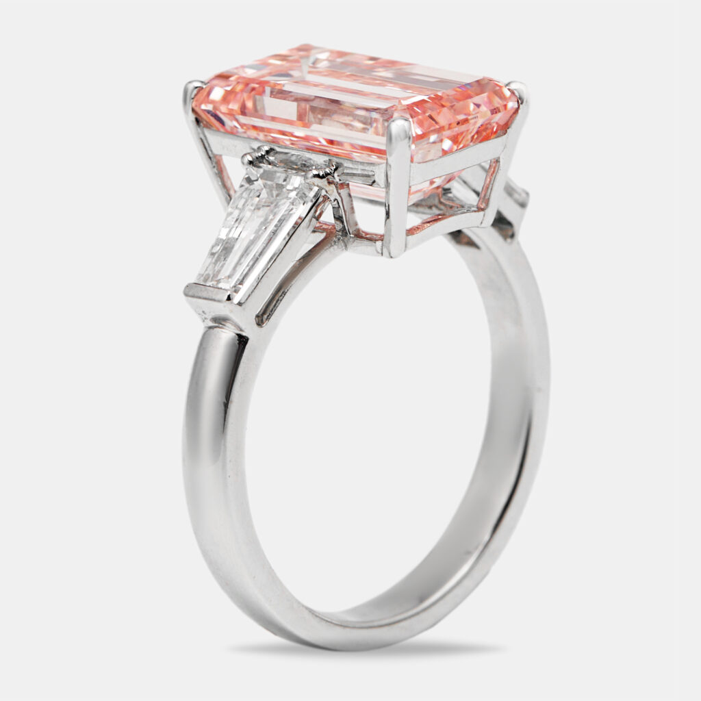 5.80 cts Pink Emerald and Trapezoid Lab Grown Diamond 18k White Gold Ring Size 53
