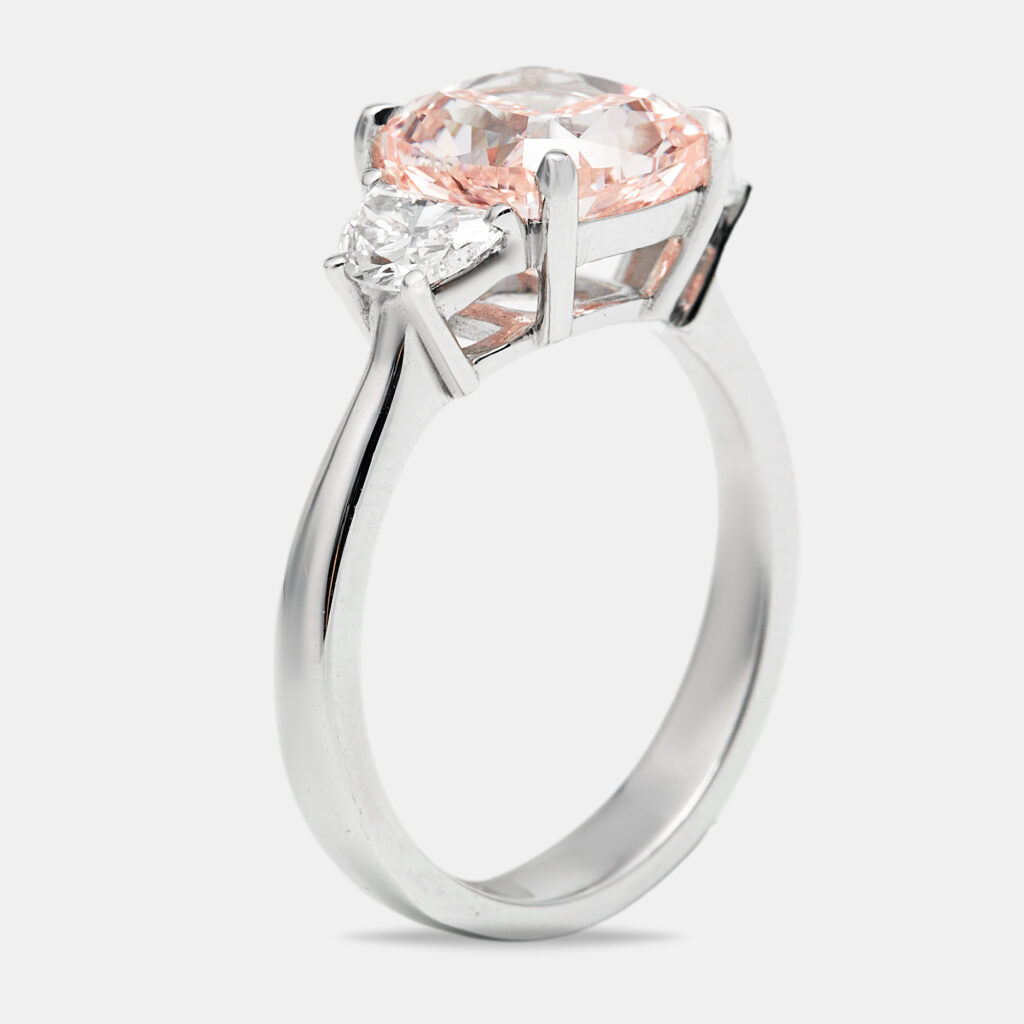 3.50 cts Pink Cushion and Baguette Lab Grown Diamond 18k White Gold Ring Size 51