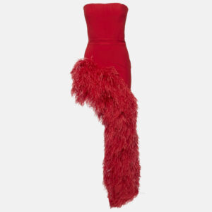 The New Arrivals By Ilkyaz Ozel Red Crepe Fur Trim Giselle In Pedro Dress S