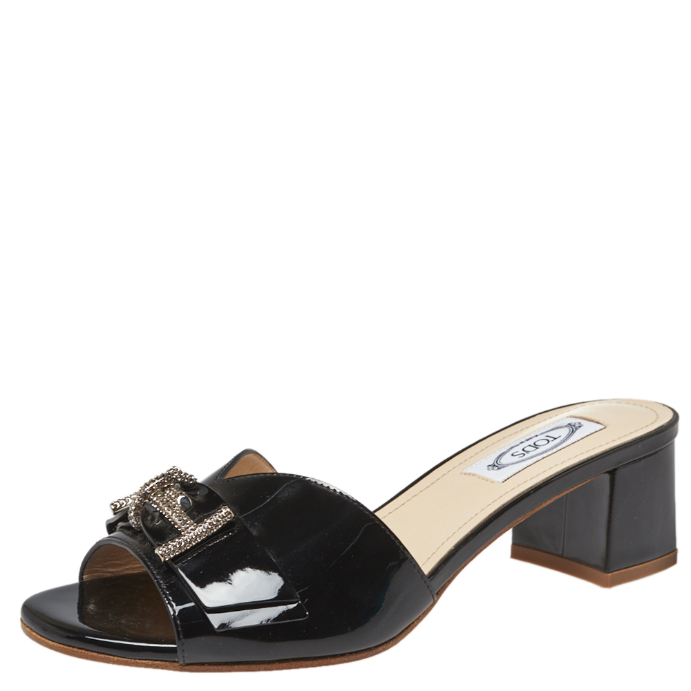 luxury-women-tods-new-shoes-p393966-016 Tod's Black Patent Leather Double T Embellished Slide Sandals Size 36.5
