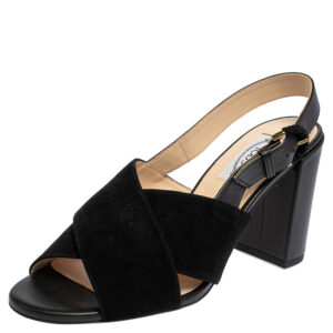 Tod's Black Suede and Leather Crisscross Block Heel Slingback Sandals Size 37.5