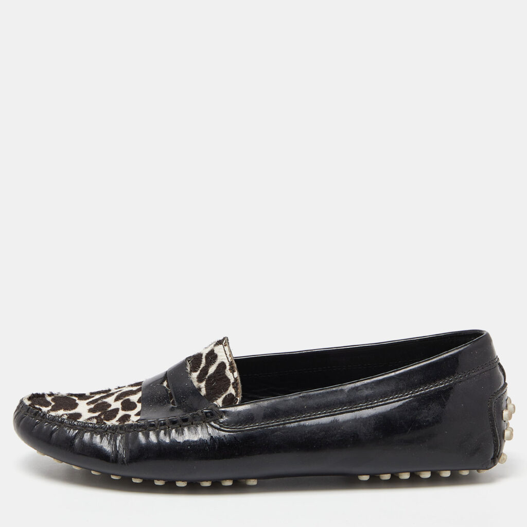 luxury-women-tods-new-shoes-p866174-010 Tod's Black Patent Leather And Calf Hair Gommino Penny Loafers Size 36