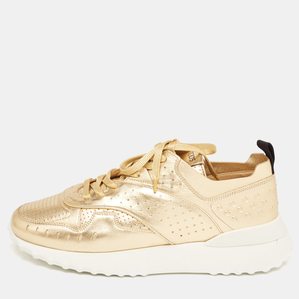 luxury-women-tods-new-shoes-p917857-007 Tod's Metallic Leather Drilled Low Top Sneakers Size 39.5