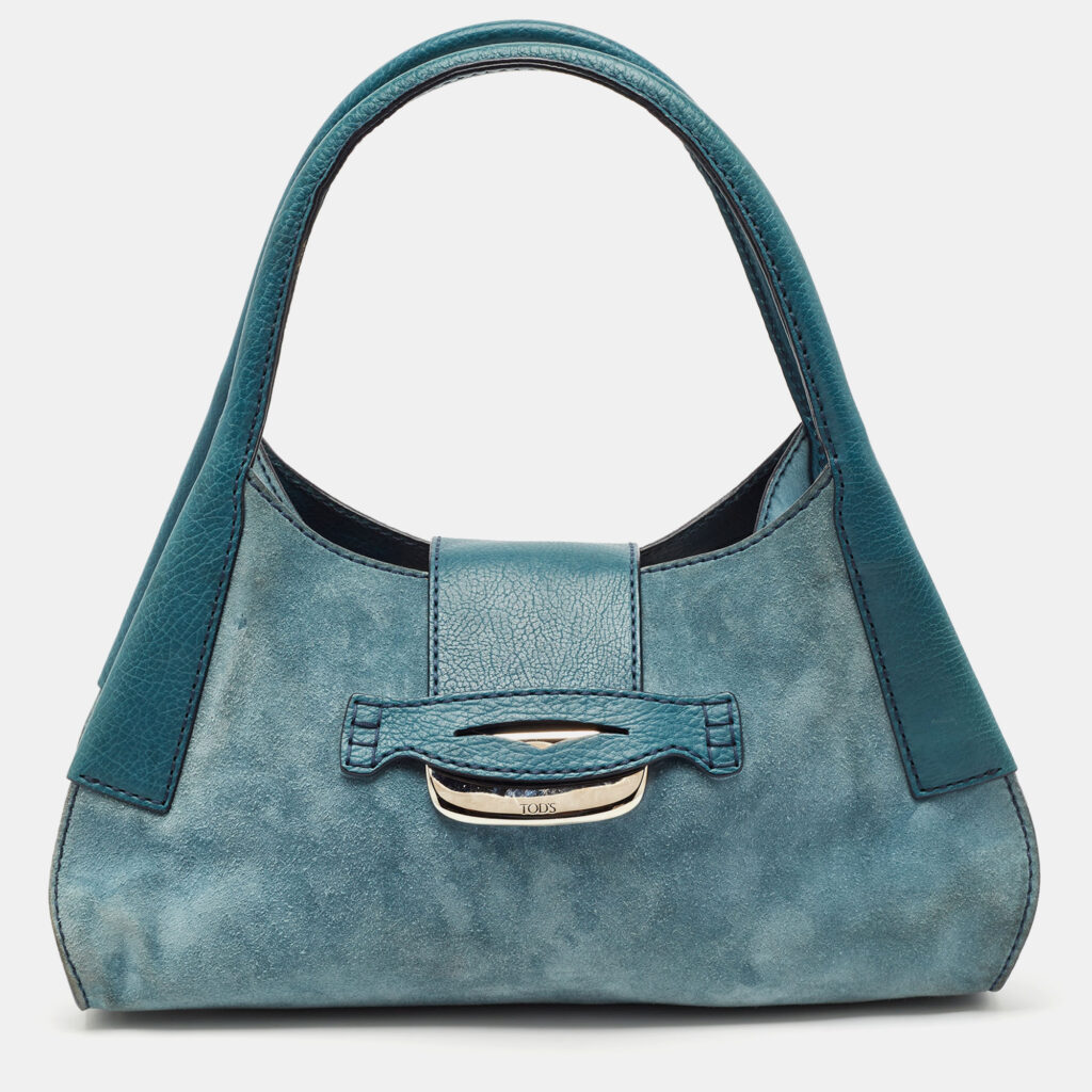 luxury-women-tods-used-handbags-p1125349-005 Tod's Teal Blue Leather and Suede Shoulder Bag