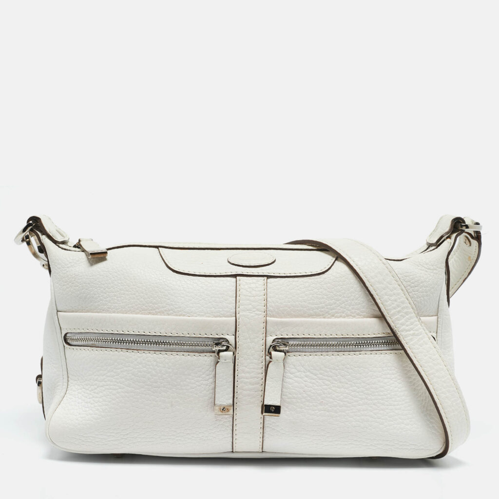 luxury-women-tods-used-handbags-p1146355-015 Tod's White Leather Zip Pocket Shoulder Bag
