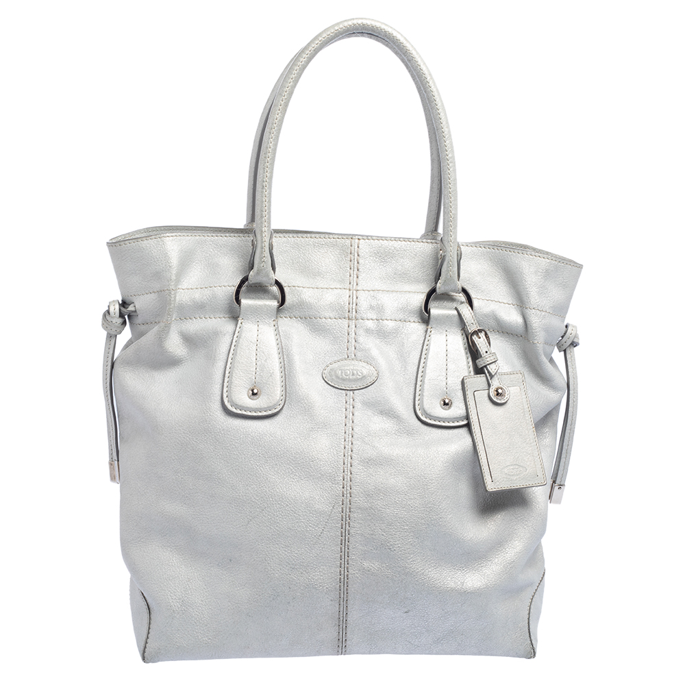 luxury-women-tods-used-handbags-p459890-001 Tod's Silver Leather Restyling D Bag Media Tote