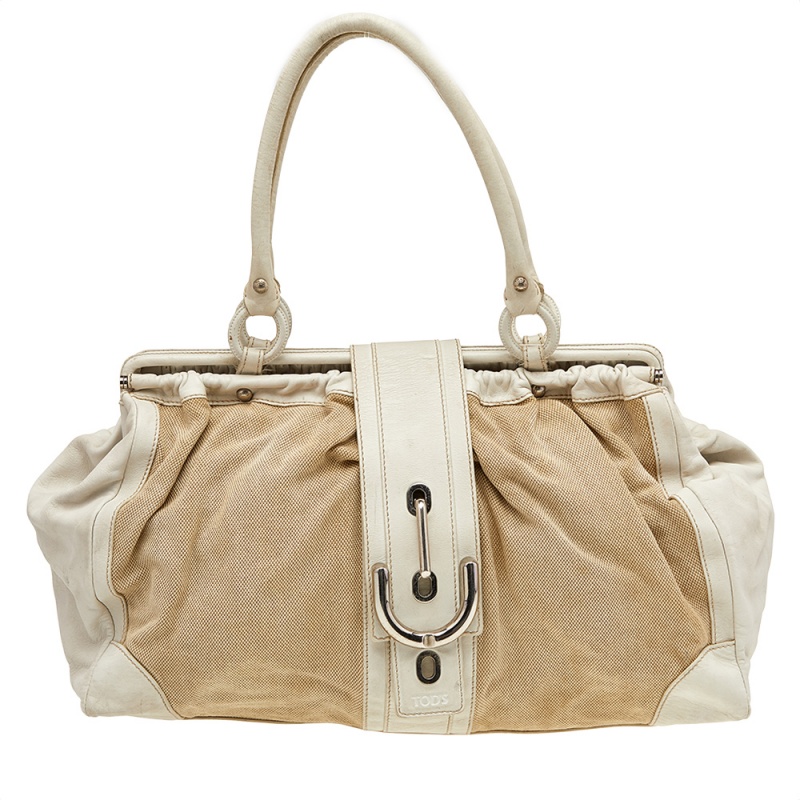 luxury-women-tods-used-handbags-p504858-1633410277-013-2 Tod's Beige/ Off White Leather And Canvas Satchel