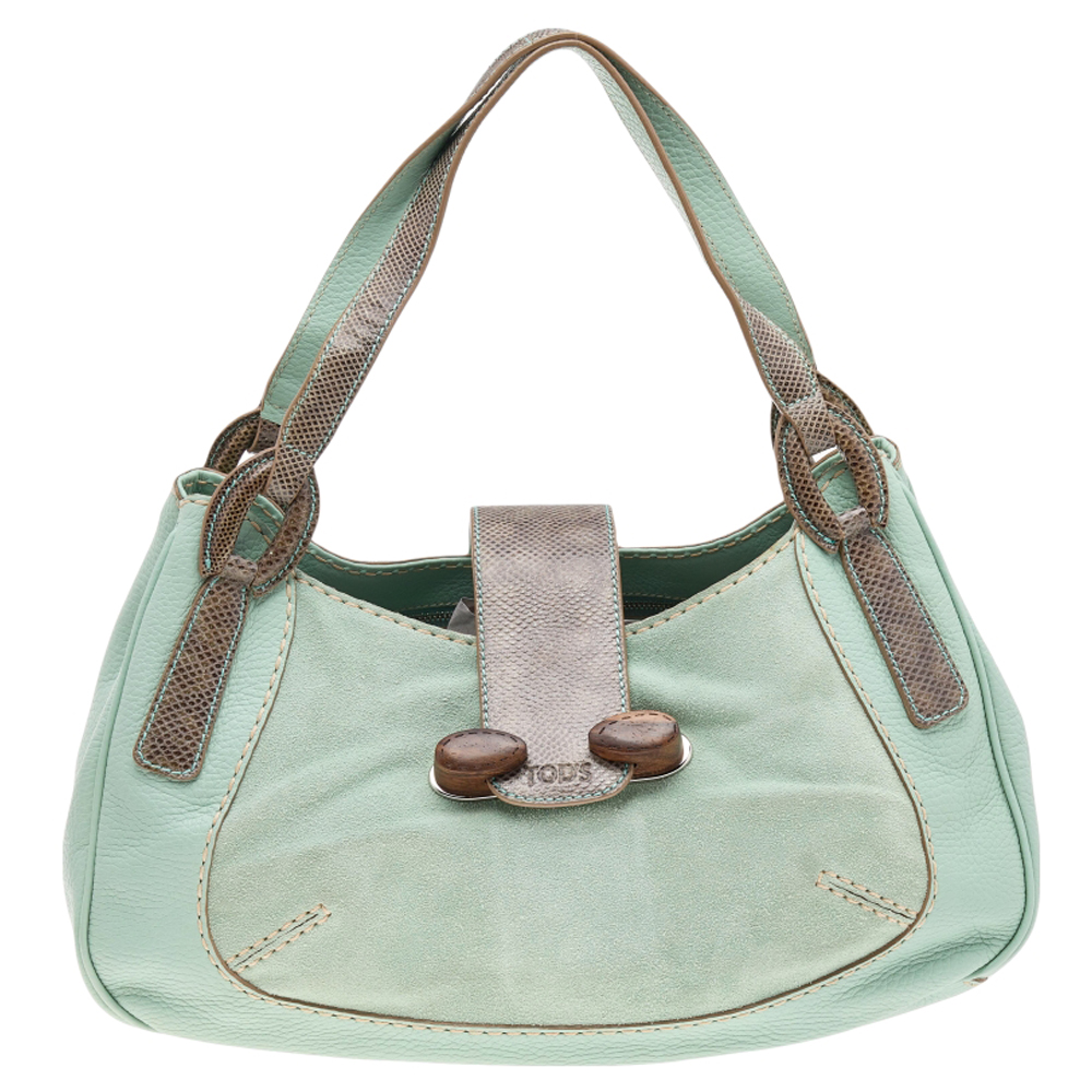 luxury-women-tods-used-handbags-p566017-007-2 Tod's Green/Grey Suede and Lizard Hobo