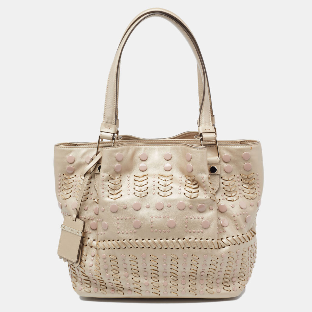 luxury-women-tods-used-handbags-p625290-004-2 Tod's Metallic Beige Leather Studded Flower Tote