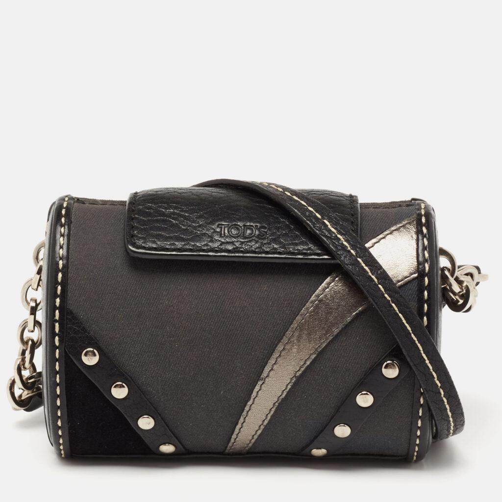 luxury-women-tods-used-handbags-p645402-012-2 Tod's Black Leather and Canvas Studded Flap Shoulder Bag