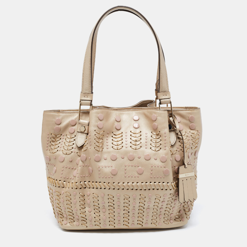 luxury-women-tods-used-handbags-p680467-005-1 Tod's Metallic Beige Leather Small Studded Flower Tote