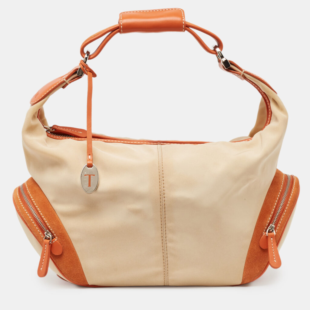 luxury-women-tods-used-handbags-p695090-009-1 Tod's Beige/Orange Nylon and Leather Charlotte Hobo