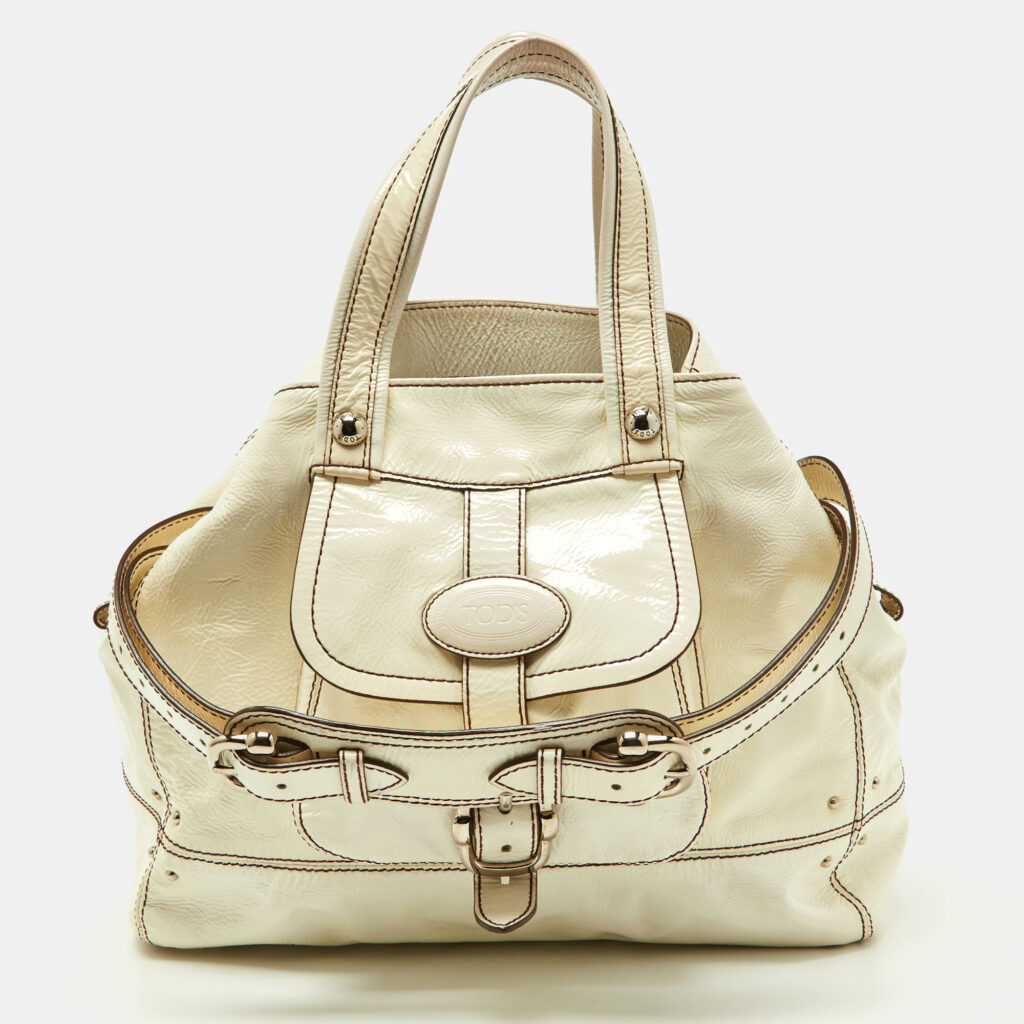 luxury-women-tods-used-handbags-p870054-019 Tod's White Patent Leather Front Pocket Satchel