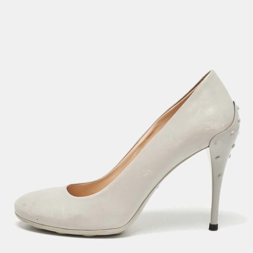 luxury-women-tods-used-shoes-p1039224-003 Tod's Grey Leather Round Toe Pumps Size 39.5