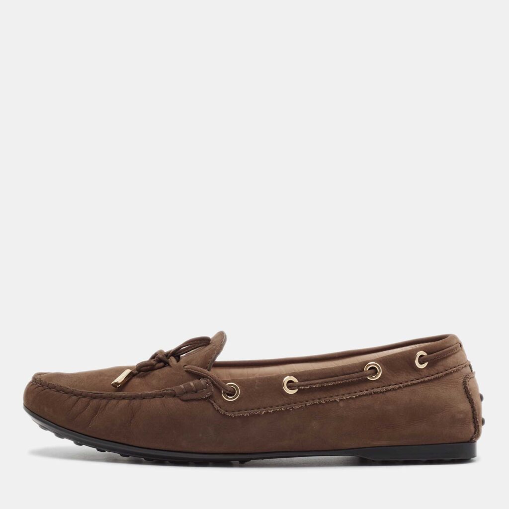 luxury-women-tods-used-shoes-p1045237-004 Tod's Brown Nubuck Leather Gommino Loafers Size 39.5