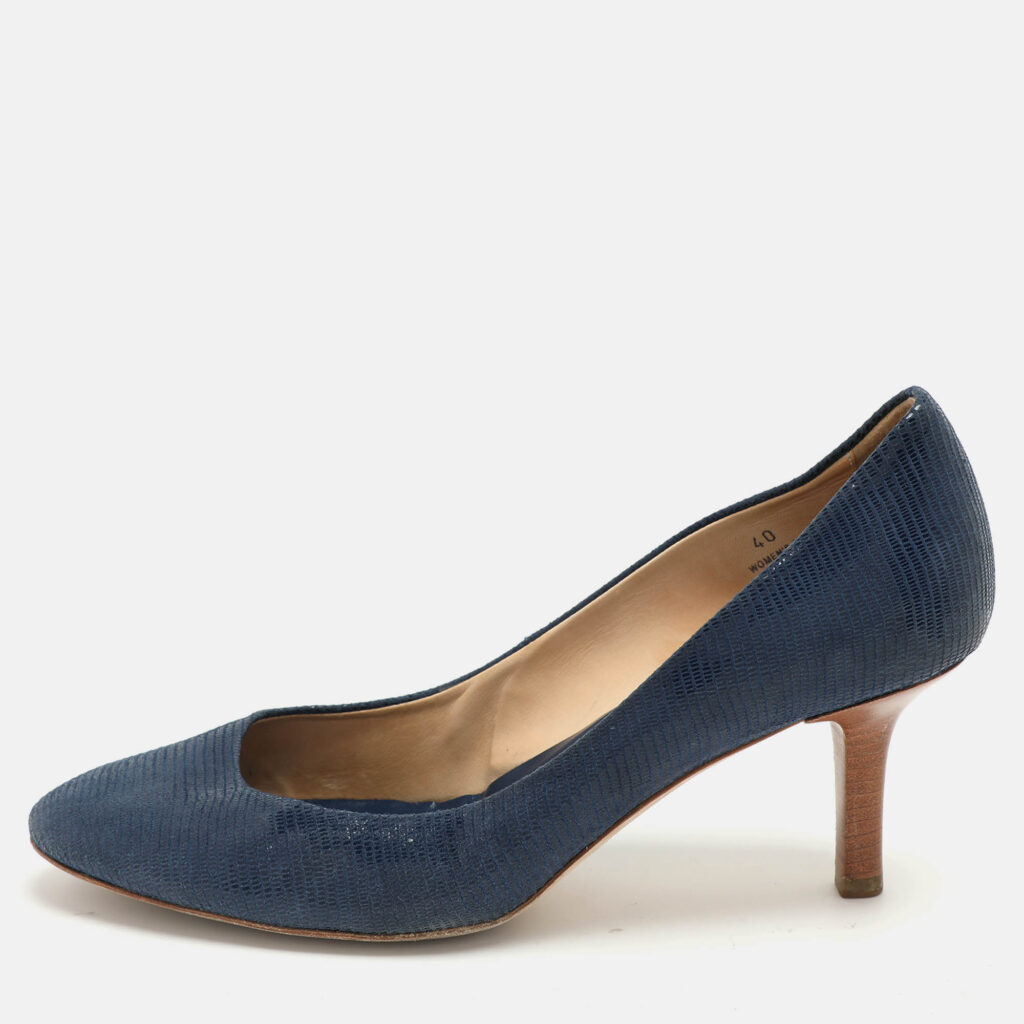 luxury-women-tods-used-shoes-p1055542-011 Tod's Blue Lizard Embossed Leather Round Toe Pumps Size 40