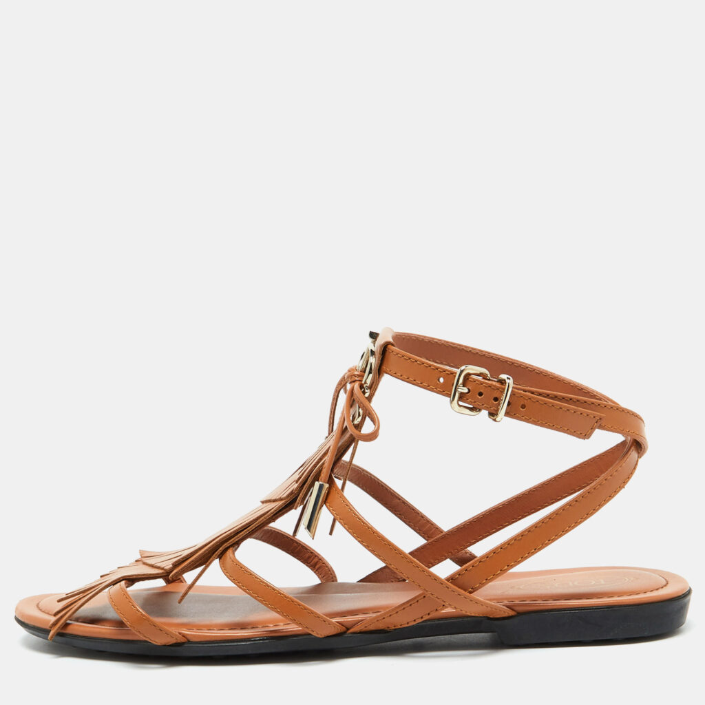 luxury-women-tods-used-shoes-p1076541-001 Tod's Tan Leather Fringe Logo Bow Flat Sandals Size 38.5