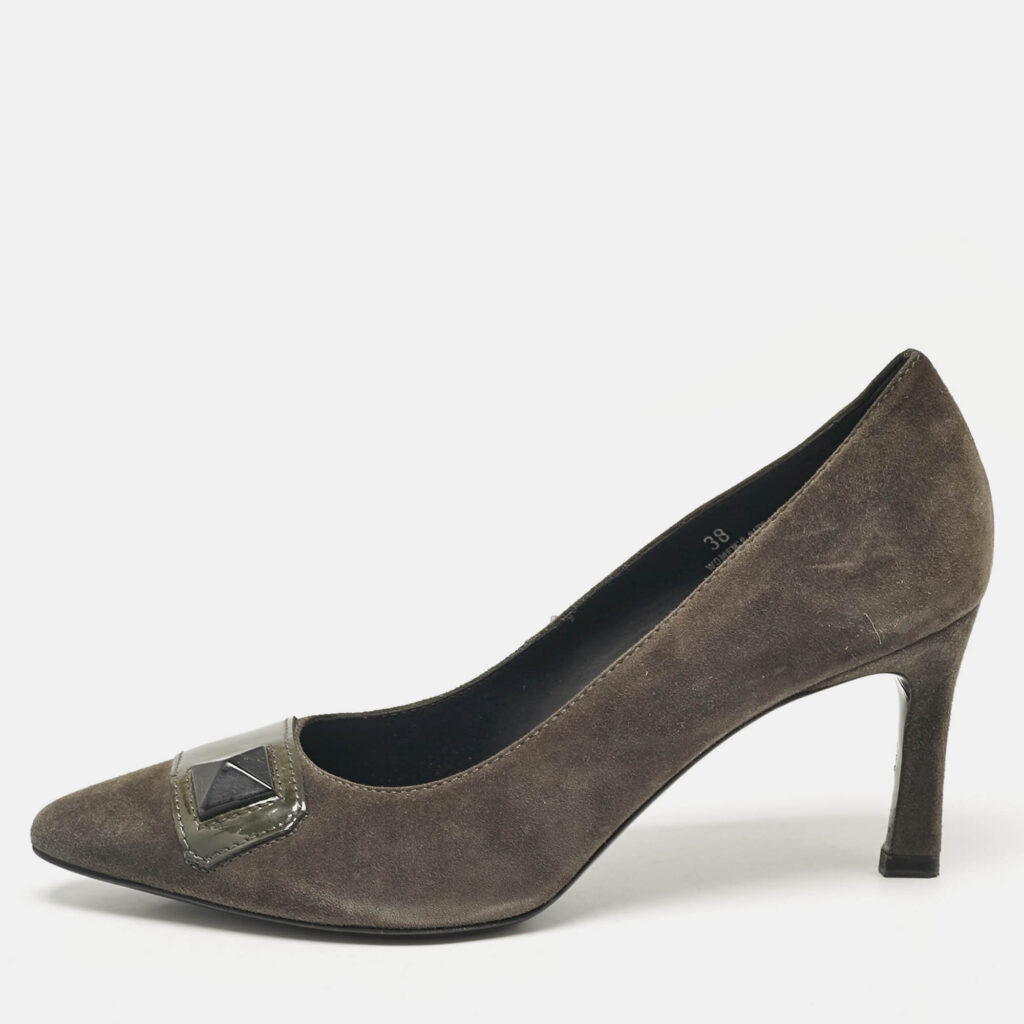 luxury-women-tods-used-shoes-p1079470-010 Tod's Grey/Olive Green Patent and Suede Pointed Toe Pumps Size 38