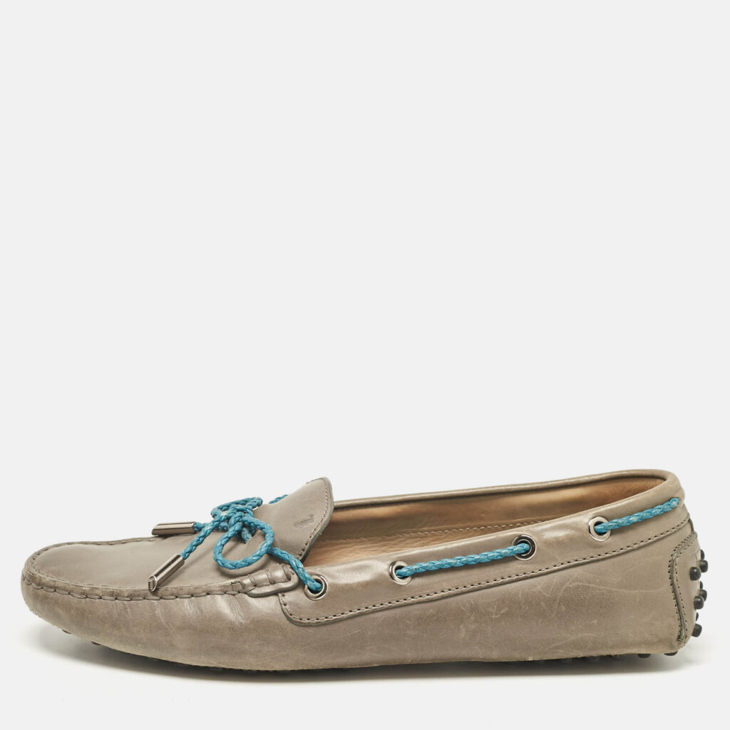luxury-women-tods-used-shoes-p1088385-010 Tod's Grey/Blue Leather Braided Bow Slip On Loafers Size 40
