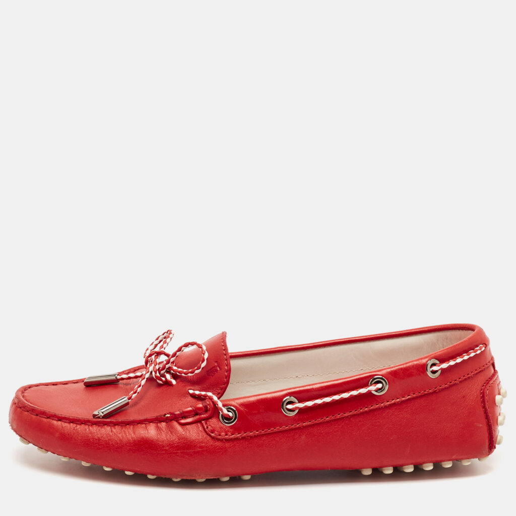 luxury-women-tods-used-shoes-p1092599-001 Tod's Red Leather Gommino Slip On Loafers Size 38.5
