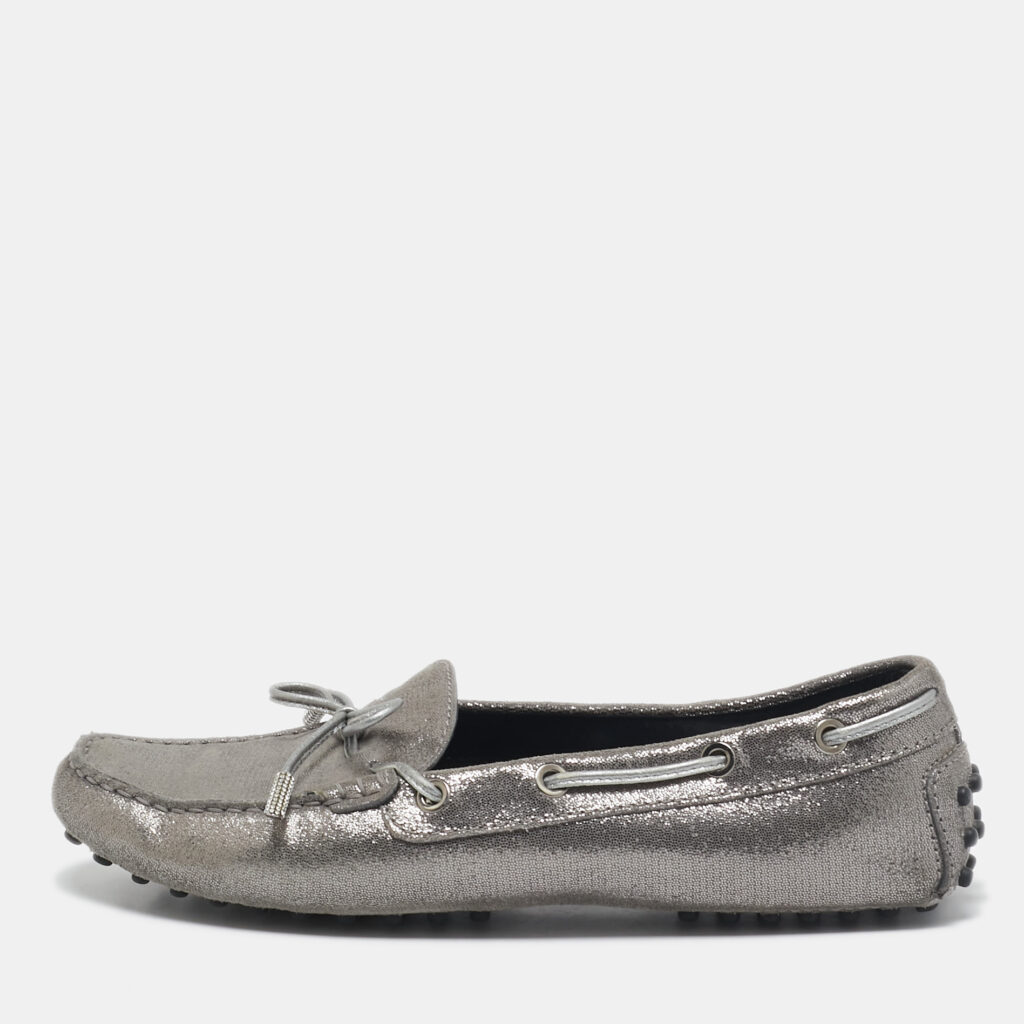 luxury-women-tods-used-shoes-p1101847-001 Tod's Grey/Silver Textured Suede Bow Slip On Loafers Size 38