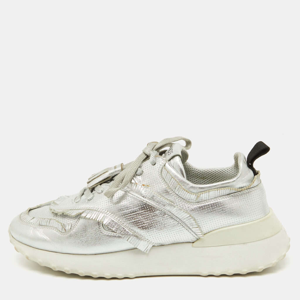 luxury-women-tods-used-shoes-p1103714-010 Tod's Silver Perforated Leather Low Top Sneakers Size 39.5