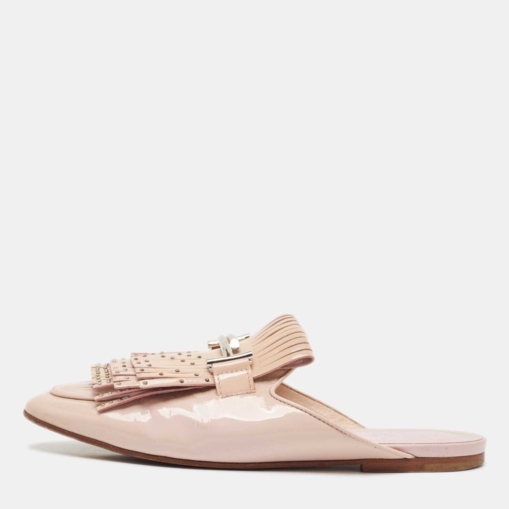 luxury-women-tods-used-shoes-p1104063-003 Tod's Beige Patent Studded Double T Mules Size 39