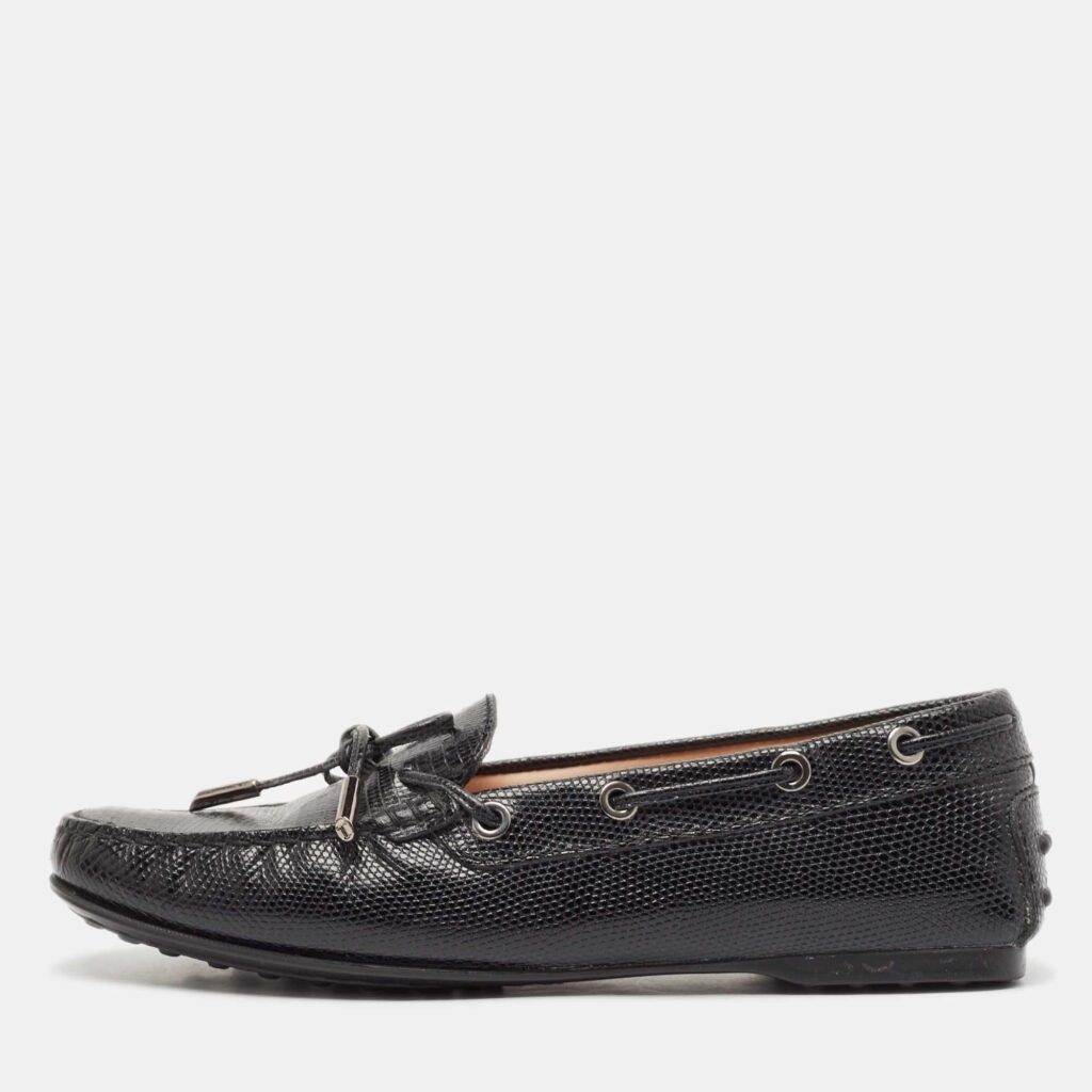Tod's Black Lizard Embossed Leather Driver Loafers Size 37.5