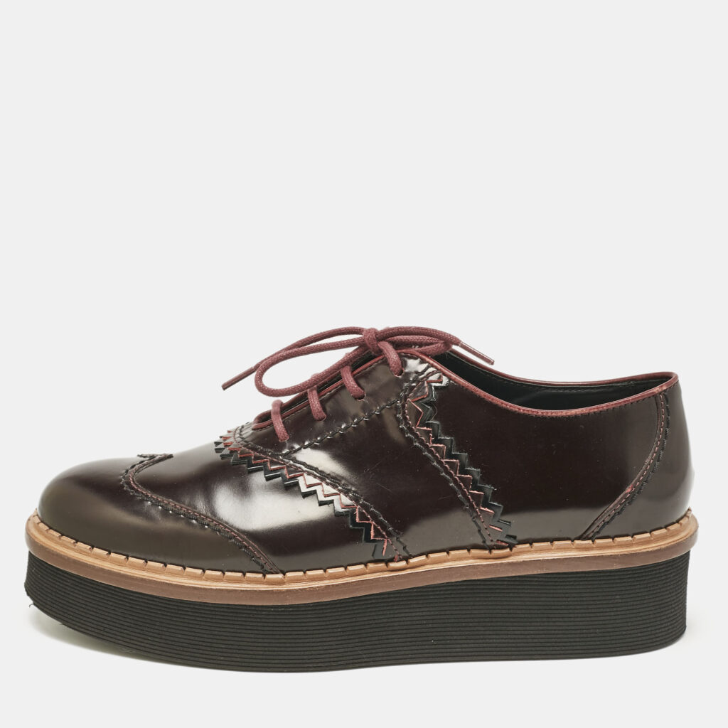 luxury-women-tods-used-shoes-p1115579-004 Tod's Burgundy Brogue Leather Platform Lace Up Oxfords Size 38